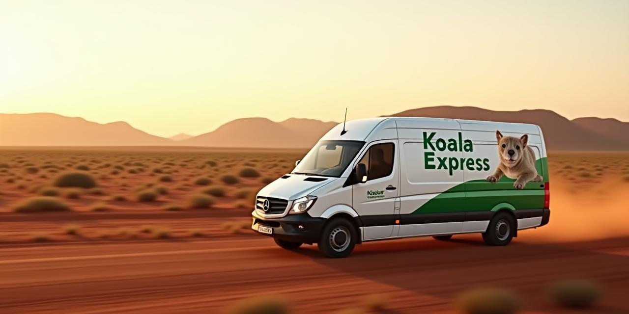 Koala Express delivery van driving across Australian outback road