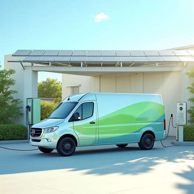 Electric delivery van charging at solar-powered depot